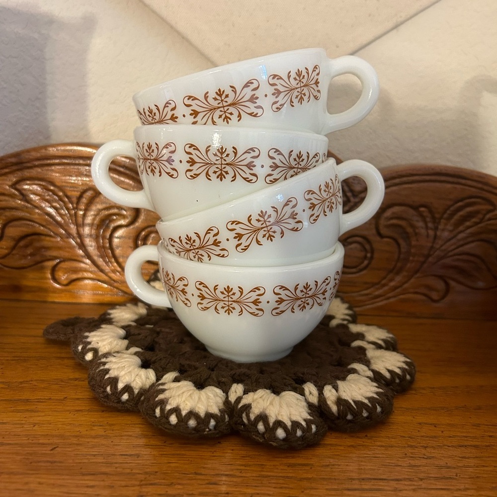 Pyrex Tableware Milk Glass Copper Filigree Teacups